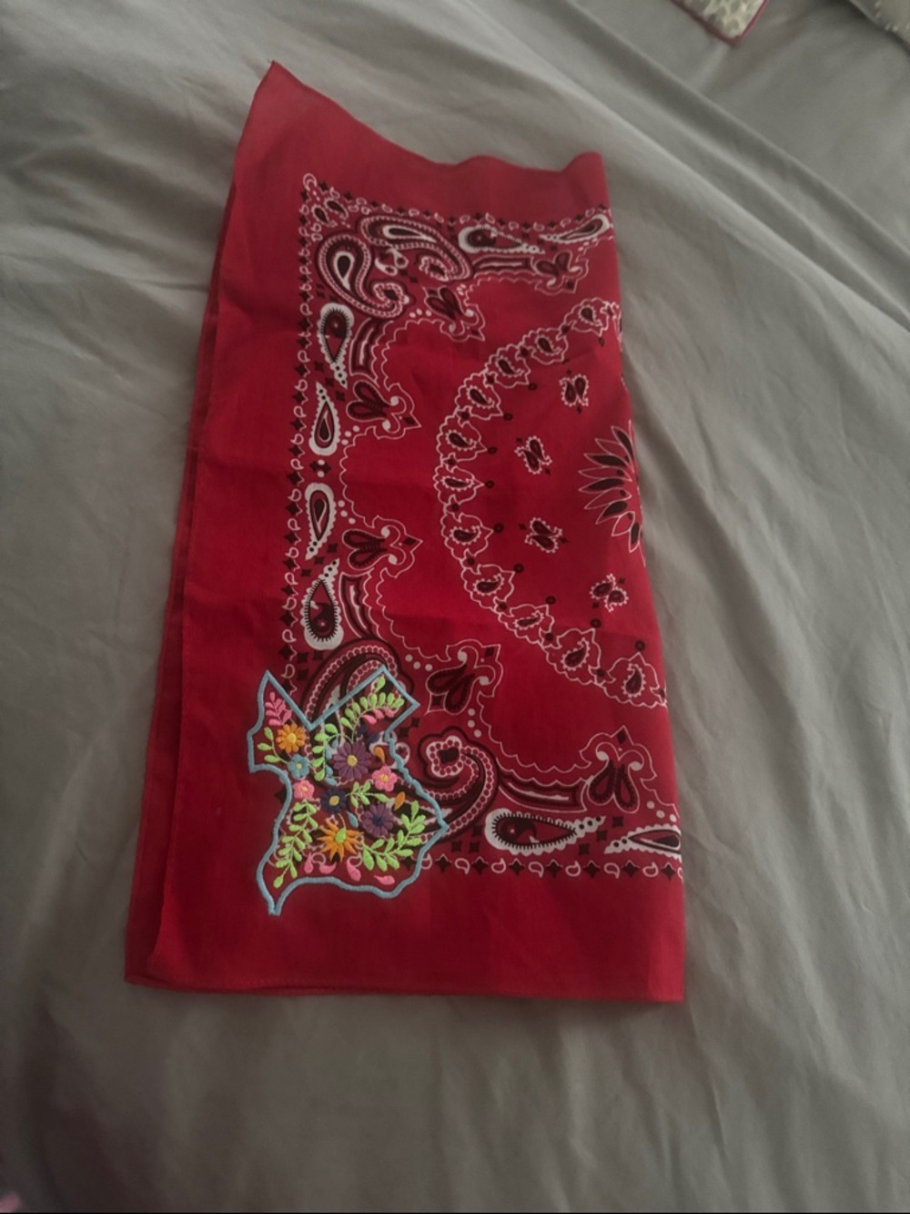 Red Paisley Bandana Scarf with Texas Floral Embroidery